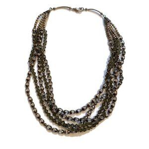 NECKLACE GRAY SILVER CRYSTALS BEADS 5 STRAND 20”